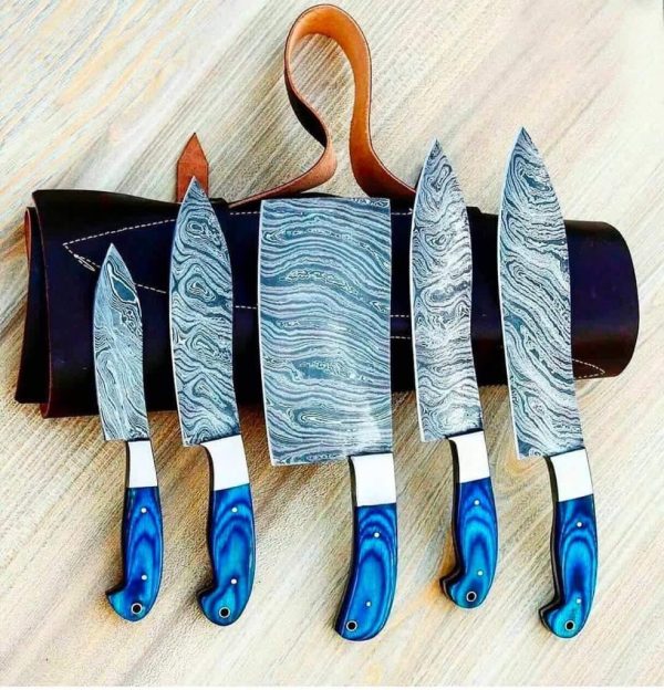 Custom Hand Made Damascu Kitchen Knife Set 5 Pcs With Leather Shetah